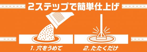 1. 穴を埋めて<br>2. たたくだけ